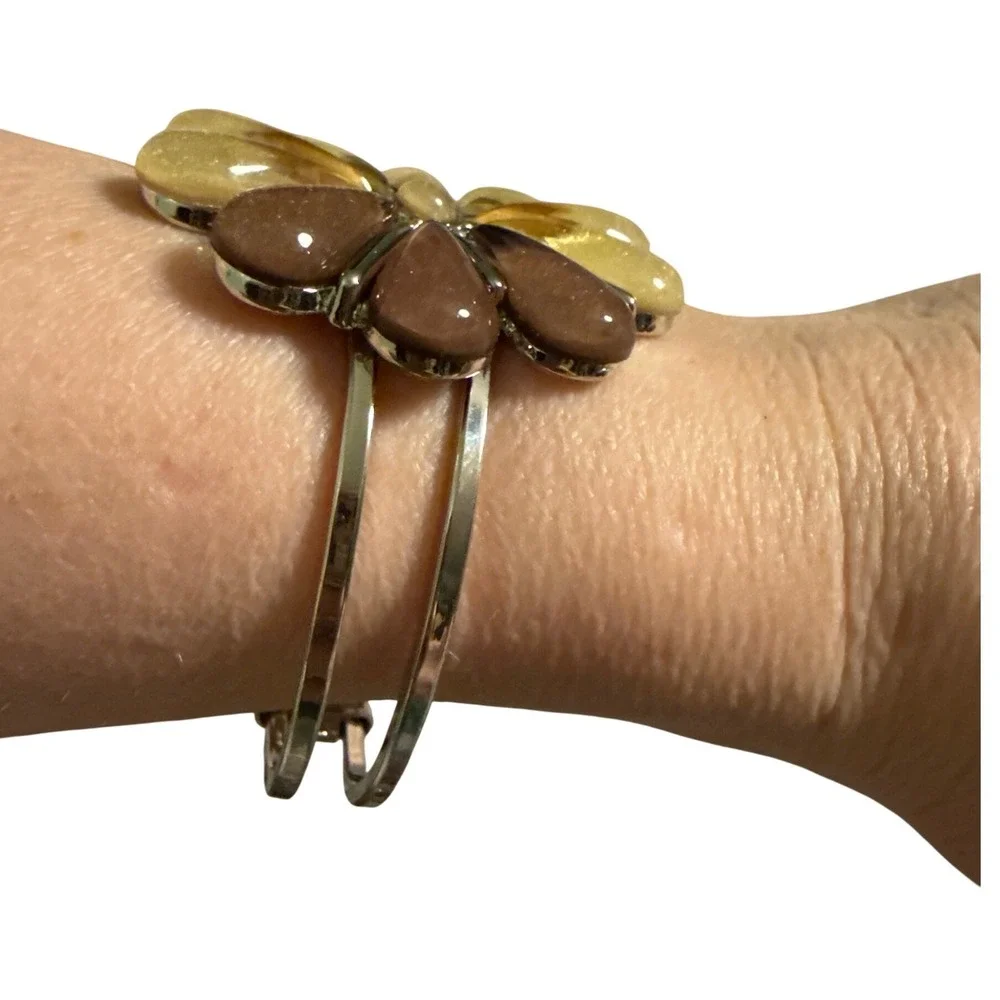 New York & Company Flower Cuff Bracelet Silver Tone Gold Brown Resin Floral NWT